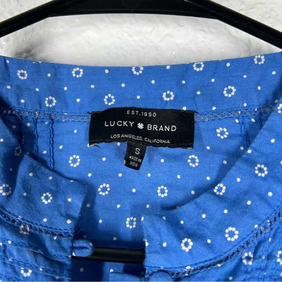 Lucky Brand Blue Button Down Peplum Pleated Shirt Dotted Floral Long Sleeve S - Picture 3 of 5